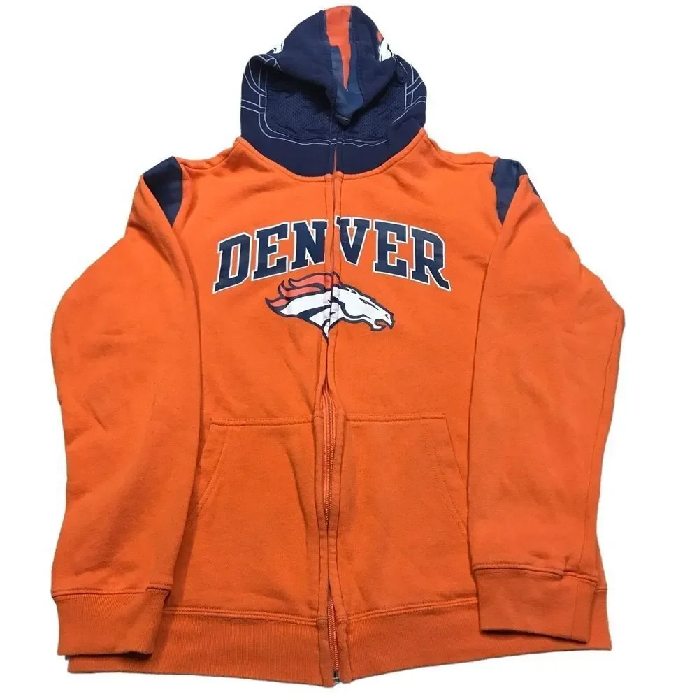 NFL Team Apparel Full zip hooded Jacket Blue Orange Denver Broncos youth size Lg